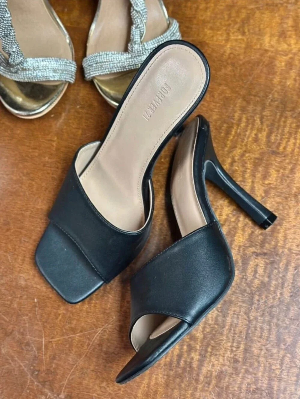 Forever 21 Black Square-Toe Slide Heels US 6.5
